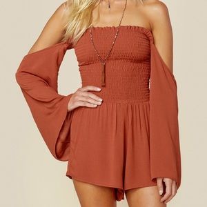 Planet Blue Smocking Romper in Burnt Orange